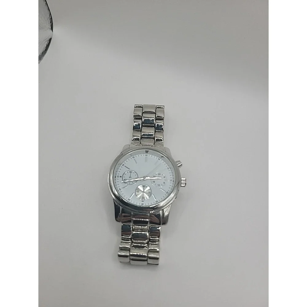 Vintage Silver Tone Chronogragh‎ Style Quartz Watch Metal Link Bracelet